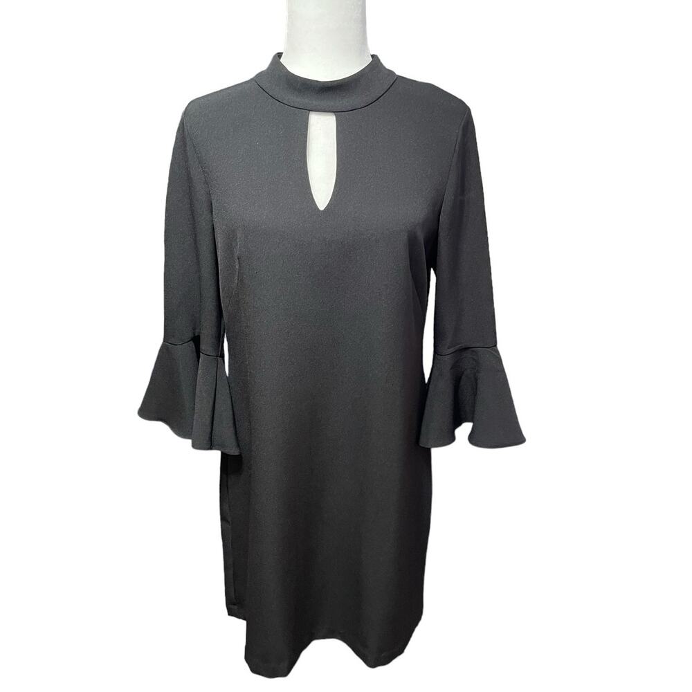 Perceptions New York Black Shift Dress with Keyhole Front and Bell Sleeves Sz 8